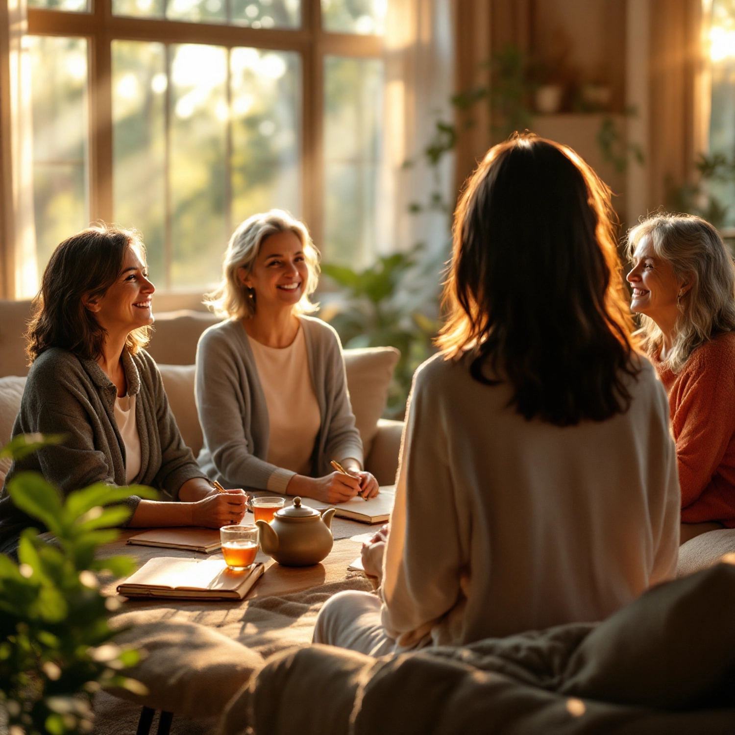 Kathrin Ipse - Expertin für Stressregulation, Nervensystem-Balance und professionelle Hypnose - Vier lächelnde Frauen sitzen um einen Couchtisch in einem gemütlichen Wohnzimmer.