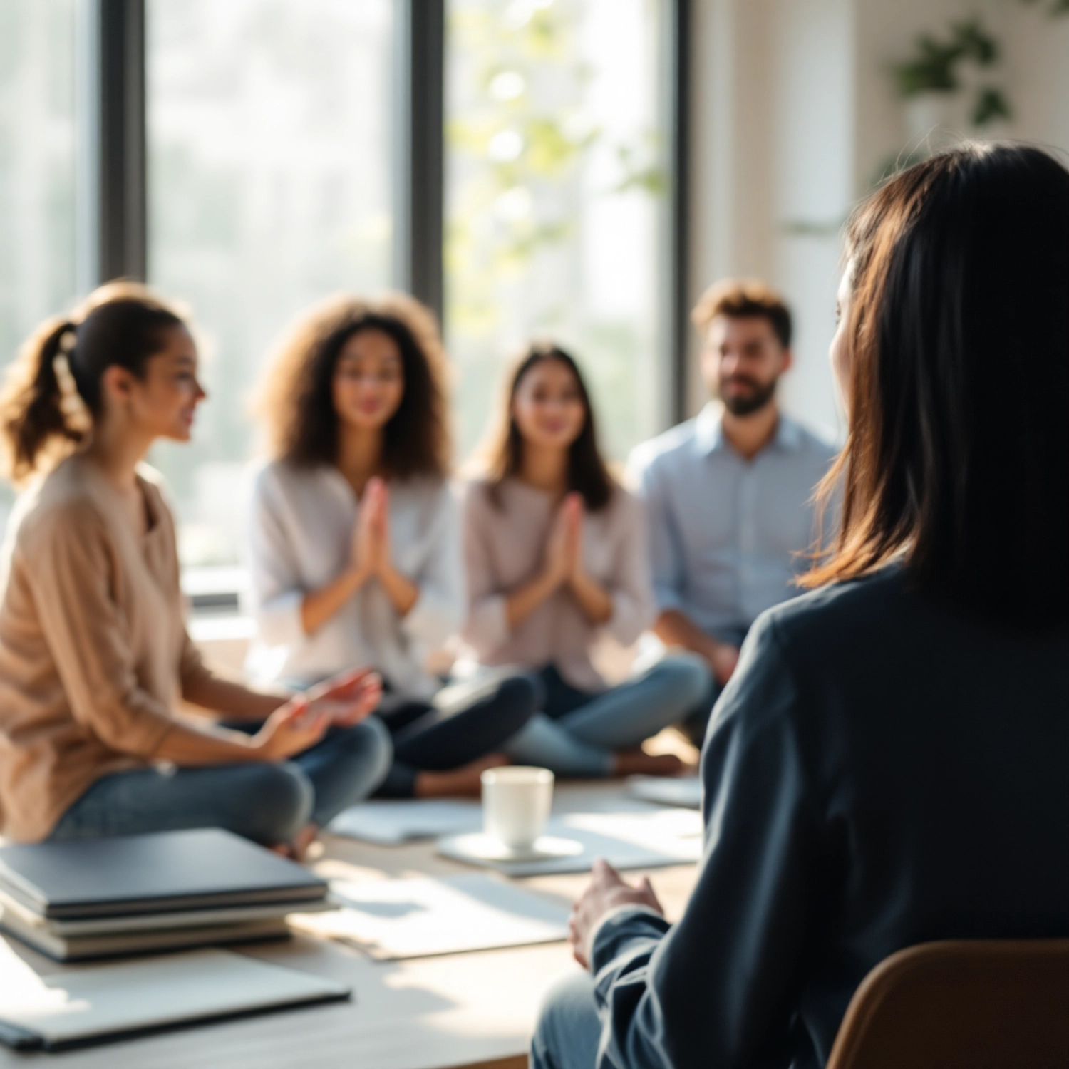 Kathrin Ipse - Expertin für Stressregulation, Nervensystem-Balance und professionelle Hypnose - Eine Gruppe von Menschen sitzt während einer betrieblichen Gesundheitsförderungsveranstaltung im Kreis.