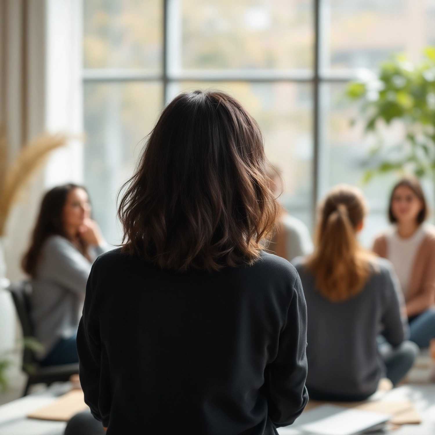 Kathrin Ipse - Expertin für Stressregulation, Nervensystem-Balance und professionelle Hypnose - Eine Frau mit braunem Haar, von hinten gesehen, spricht in einem hellen Raum zu einer Gruppe sitzender Personen.