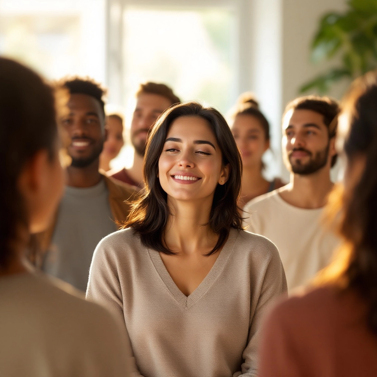 Kathrin Ipse - Expertin für Stressregulation, Nervensystem-Balance und professionelle Hypnose - Eine lächelnde Frau in einem hellbraunen Pullover steht inmitten einer bunt gemischten Gruppe von Menschen, die sich einer Therapiesitzung unterziehen.